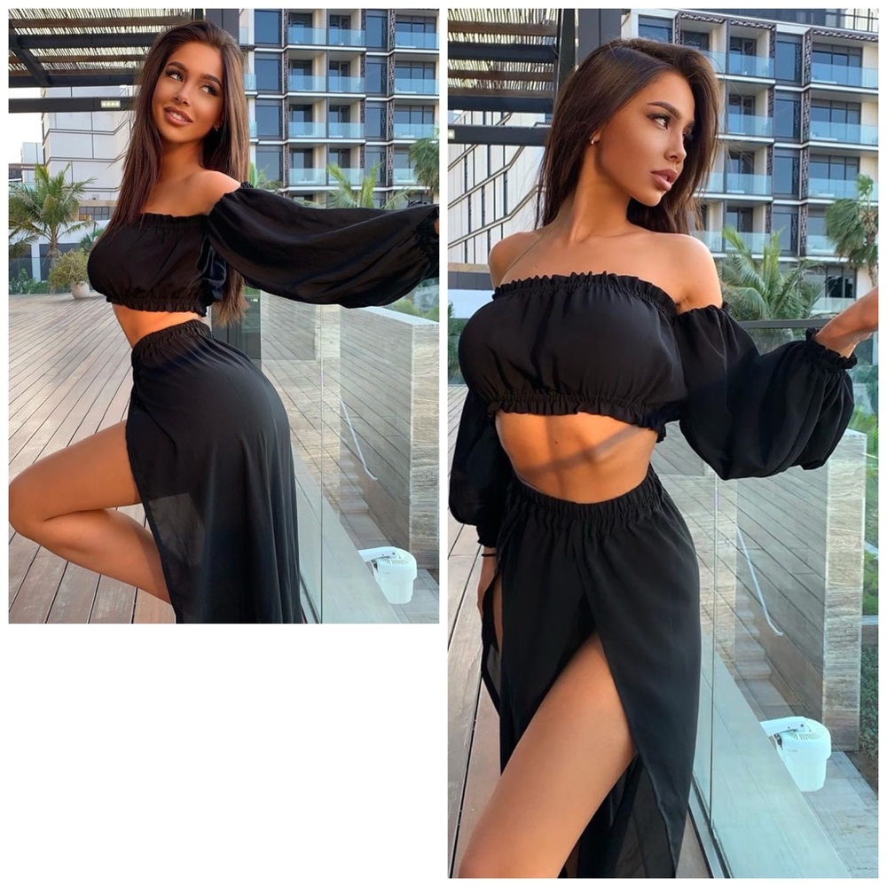 Sexy Black 2 Pcs Crop Top with Maxi Skirt Beach Coverup - Picture 6 of 15